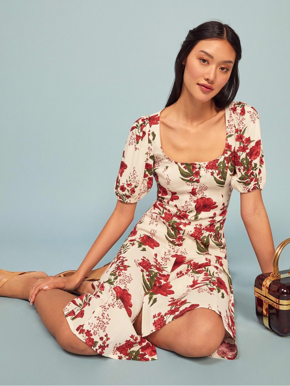 Reformation Beechwood Midi Dress Floral Cottagecore Cream Red Puff Sleeve 4